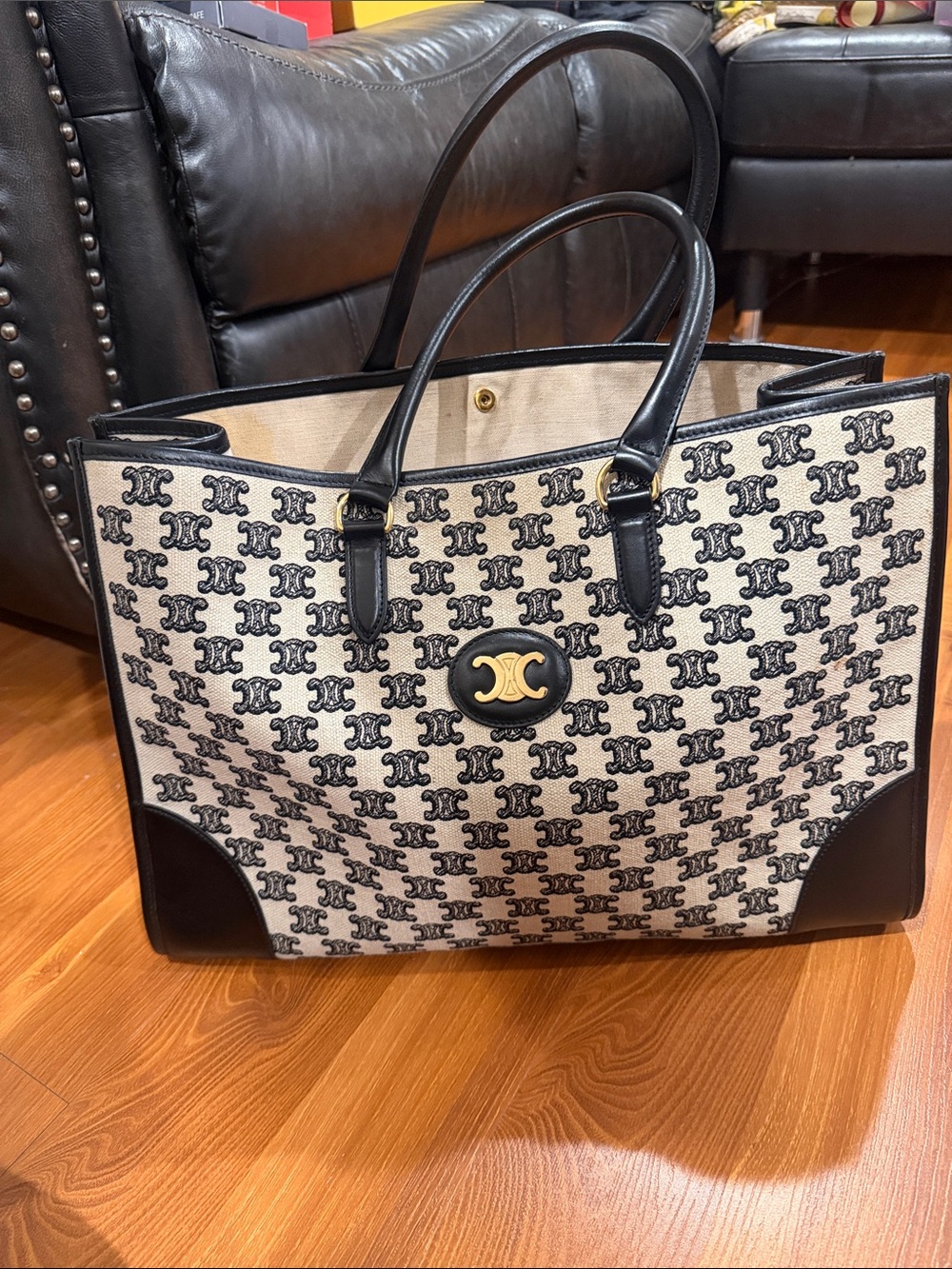 Celine Black and Cream Triomphe Canvas Tote with Gold Medallion
